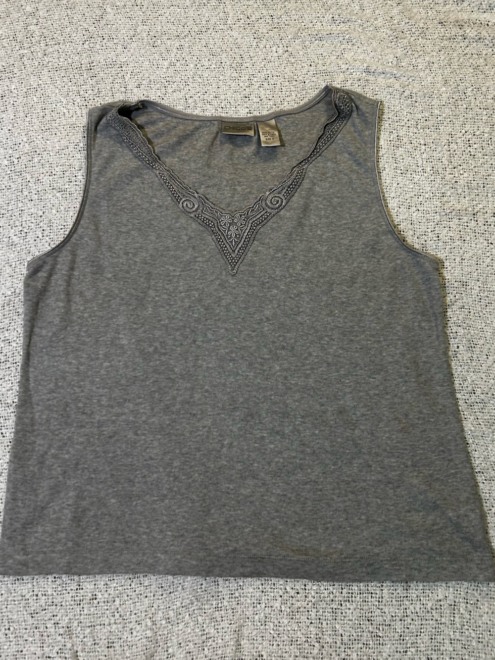 Chico's cotton grey tank top w embroidered details Size 2 fits more like L
